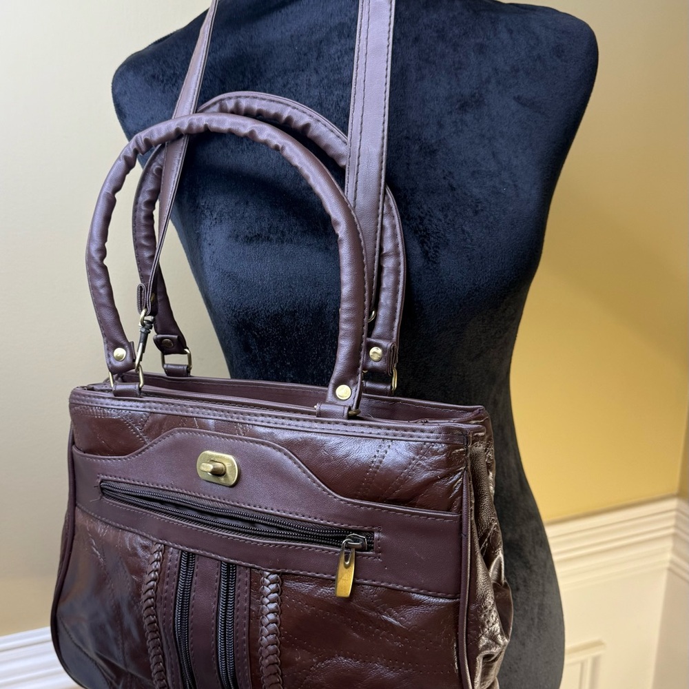 Vintage Elegant Brown Patchwork Leather Handbag - image 6